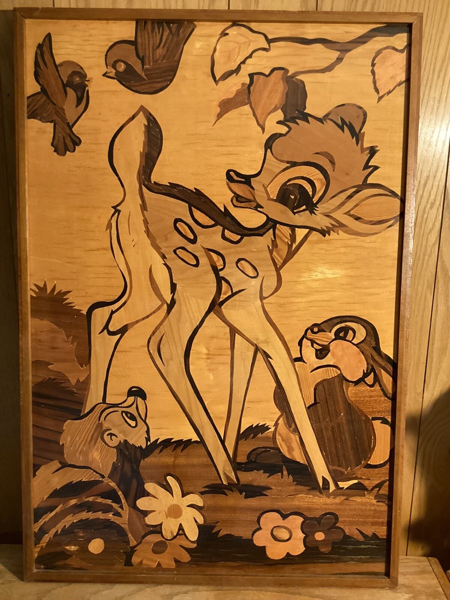 Disney - mitareira Bambi Marquetry Wood Inlay Vintage 1976 Disney Art Italian
