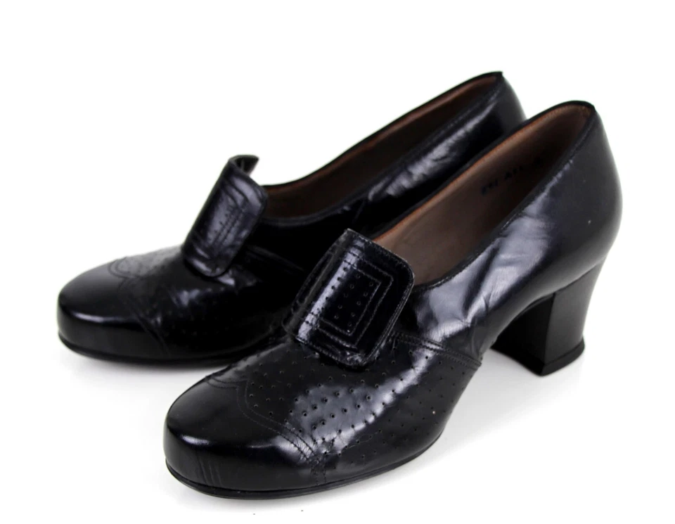 ВИНТАЖНЫЙ перфорированный черный из натуральной кожи середины каблука круглый носок тянуть на обувь Sz 4D - Изображение 3 из 4