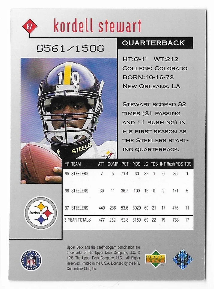 1998 Black Diamond Rookies Triple #67 Kordell Stewart /1500 Pittsburgh Steelers - Image 2 of 2