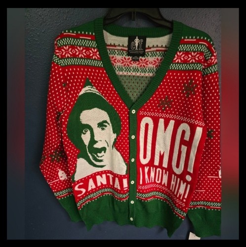 Maglione cardigan uomo Elfo brutto Natale nuovo con etichette OMG BABBO NATALE I KNOW HIM S,M,L - Foto 4 di 7