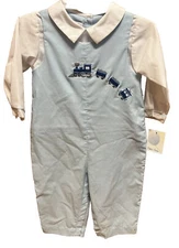 NWT Petit Ami Baby Boy Jon Jon Romper Embroidered Train 12 Months Long Sleeve