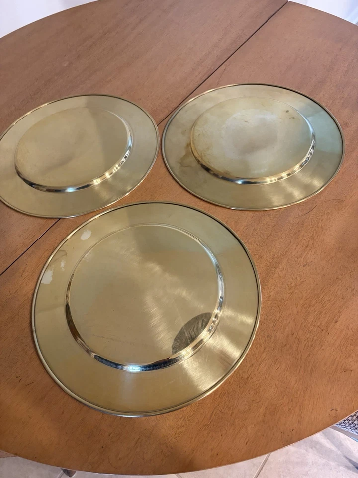3 Vintage Brass Charger Plates Large 13" Patina - Image 3 of 3