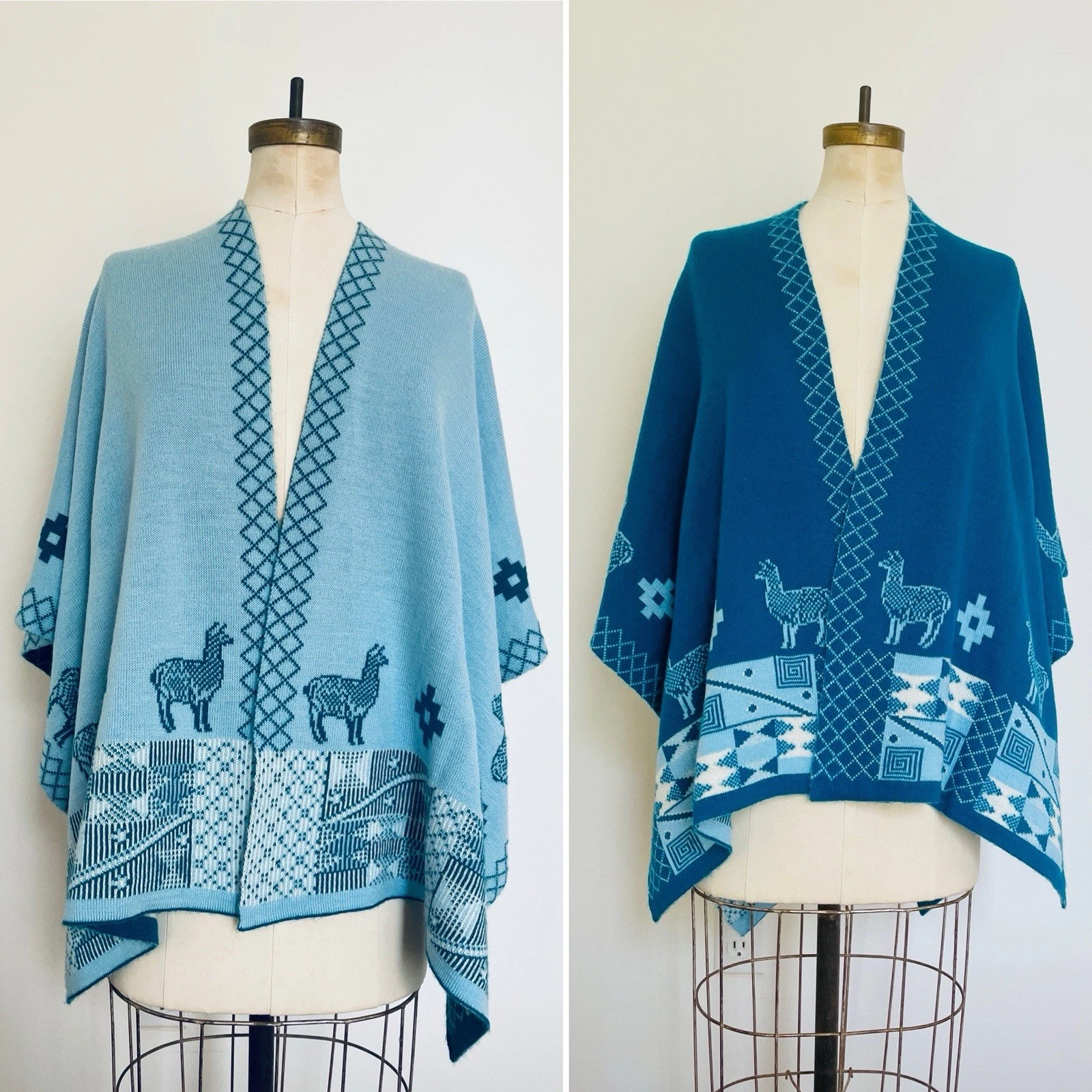 Alpaca Wool Blend Airplane Travel Poncho Cardigan Sweater Wrap Llama REVERSIBLE