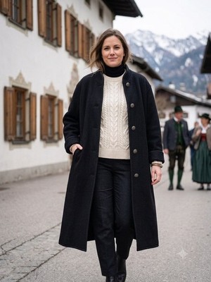 GEIGER Austria Navy, 100% Wool Long Coat, Button Front, Pockets, Women s 36