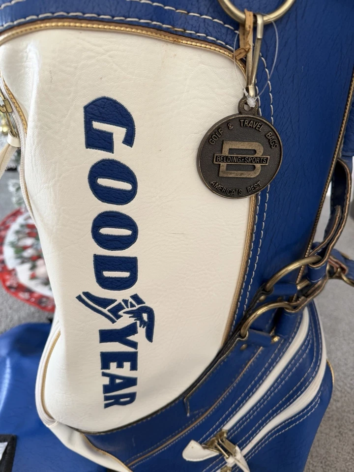 Bolsa de golf vintage Belding Sports Goodyear azul blanco roto hecha en EE. UU. vinilo cuero Foto 3 de 4