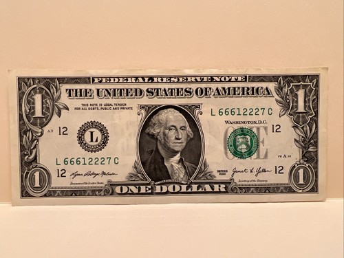 $1 Bill Cool Serial Number Note One Dollar L 66612227 ~ heavy ink on 6 (UA)