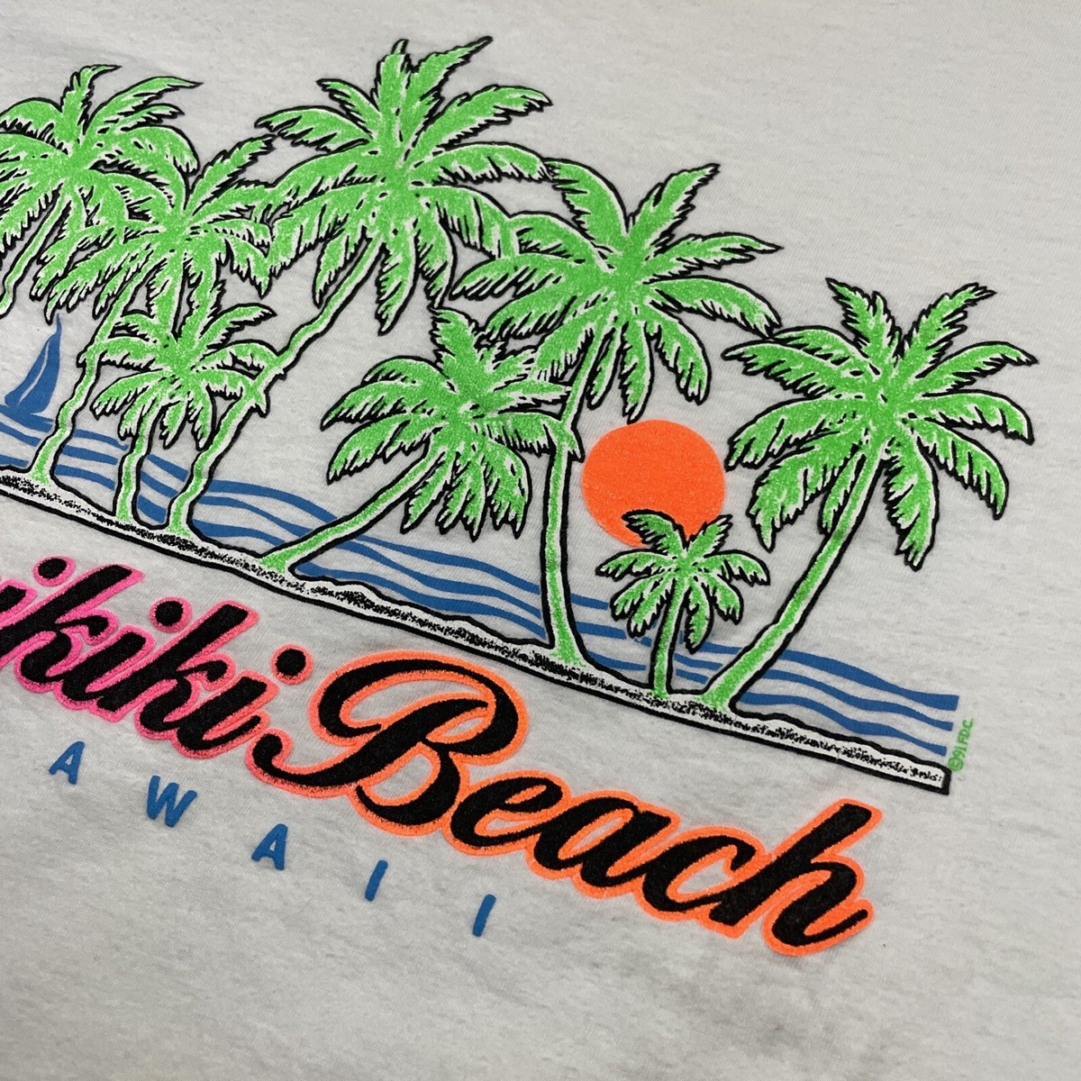 T-shirt Vintage Fruit Of The Loom Waikiki Beach Hawaii Brodé - Taille L - Années 80/90