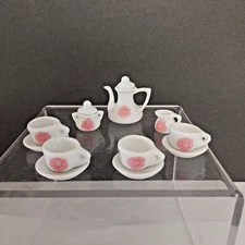 Dollhouse Miniature Tea Set 1:12 White with Pink Flower Service for 4