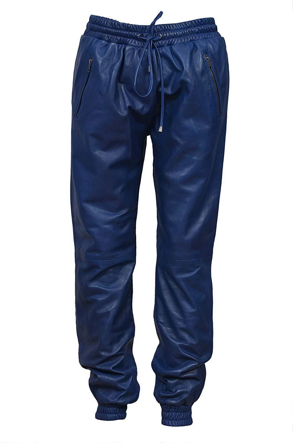 Men's Handmade Real Leather Joggers Workout Gym Sports Track Pants Blue Trouser