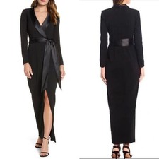 NEW ELIZA J Black TUXEDO Crepe FAUX WRAP Long Sleeve EVENING Dress GOWN 6