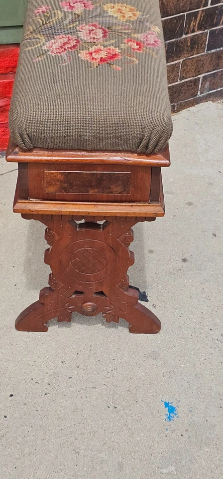 Antique Victorian Eastlake piano bench w/ floral needle point hidden compartment - Image 3 of 4