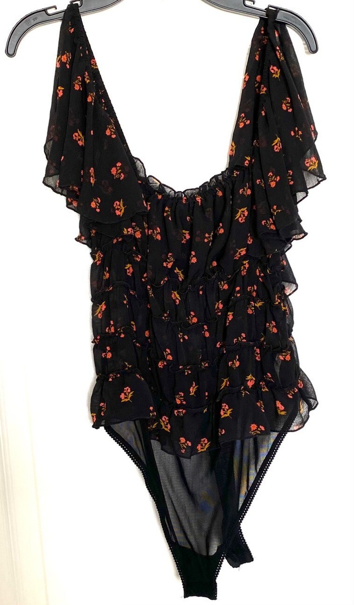 🖤 FREE PEOPLE Black Floral Print Julie Ruched Square Neck