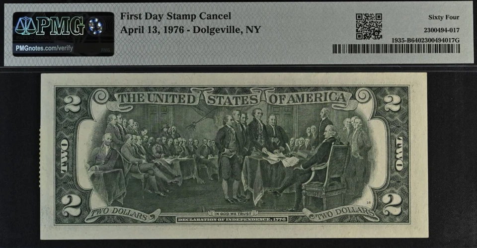1976 $2 Federal Reserve Note PMG 64 First Day Stamp Dolgeville, New York 0311771 - Image 3 of 3
