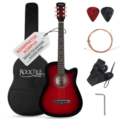 Pack Guitare Acoustique Folk 6 Cordes Dreadnought Cutaway Petit Set Etui Rouge - Photo 1/4