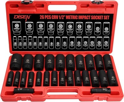 26 Pcs Metric 1/2'' Impact Socket Set, Deep Sockets Set Impact, 6-Point