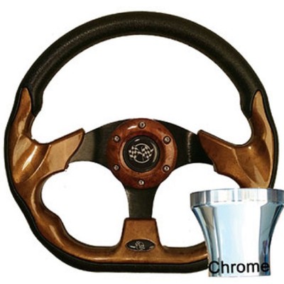 EZGO 1994.5-Up Golf Cart Woodgrain Racer Steering Wheel Chrome Kit