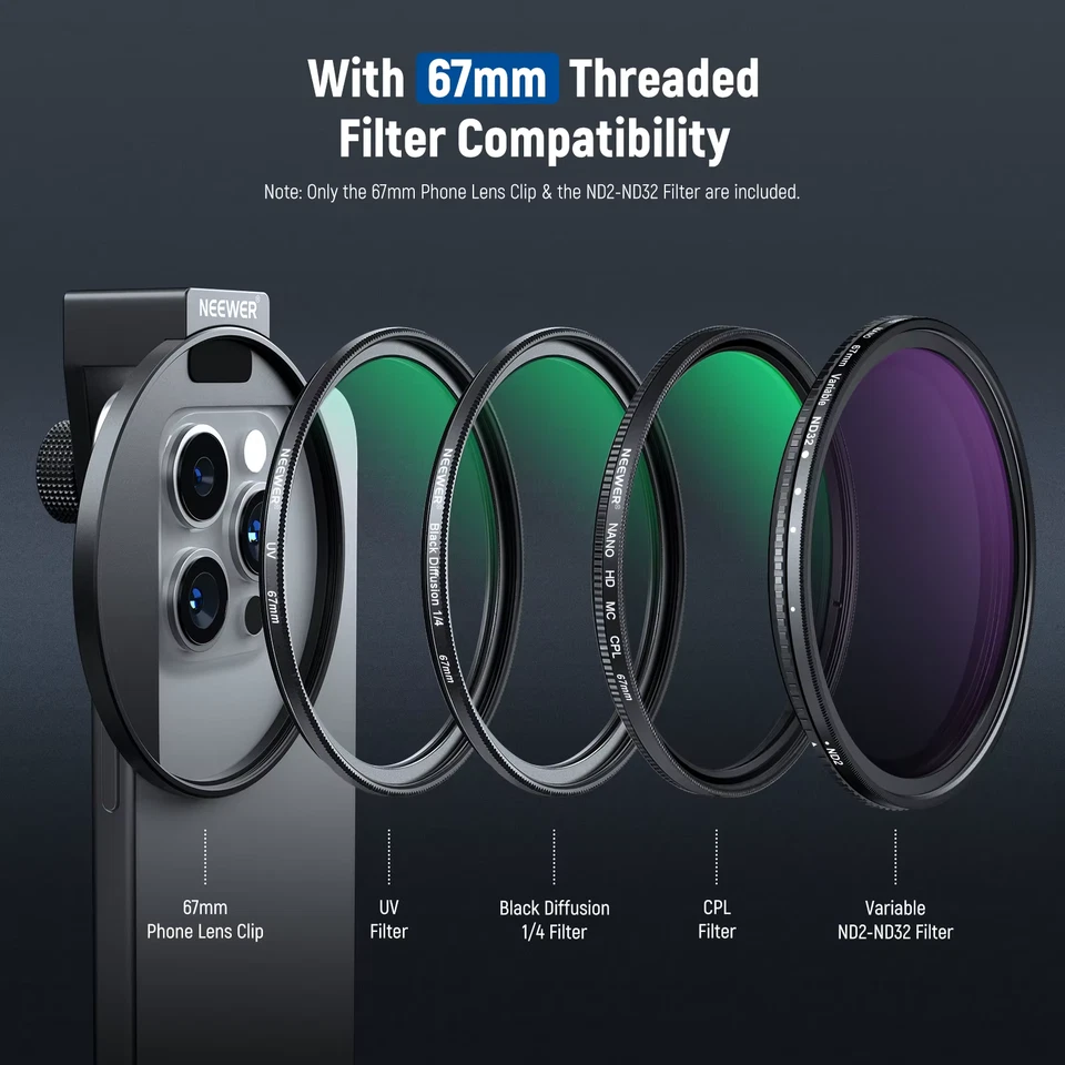 67mm Clip On Variable ND2-ND32 Phone Lens Filter Kit, Phone Clip with Threaded A - Image 4 of 4