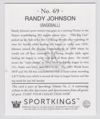 Randy Johnson 2021 Sportkings Volume 2 #69 Retail Mini (Black Back) Mariners - Picture 2 of 2