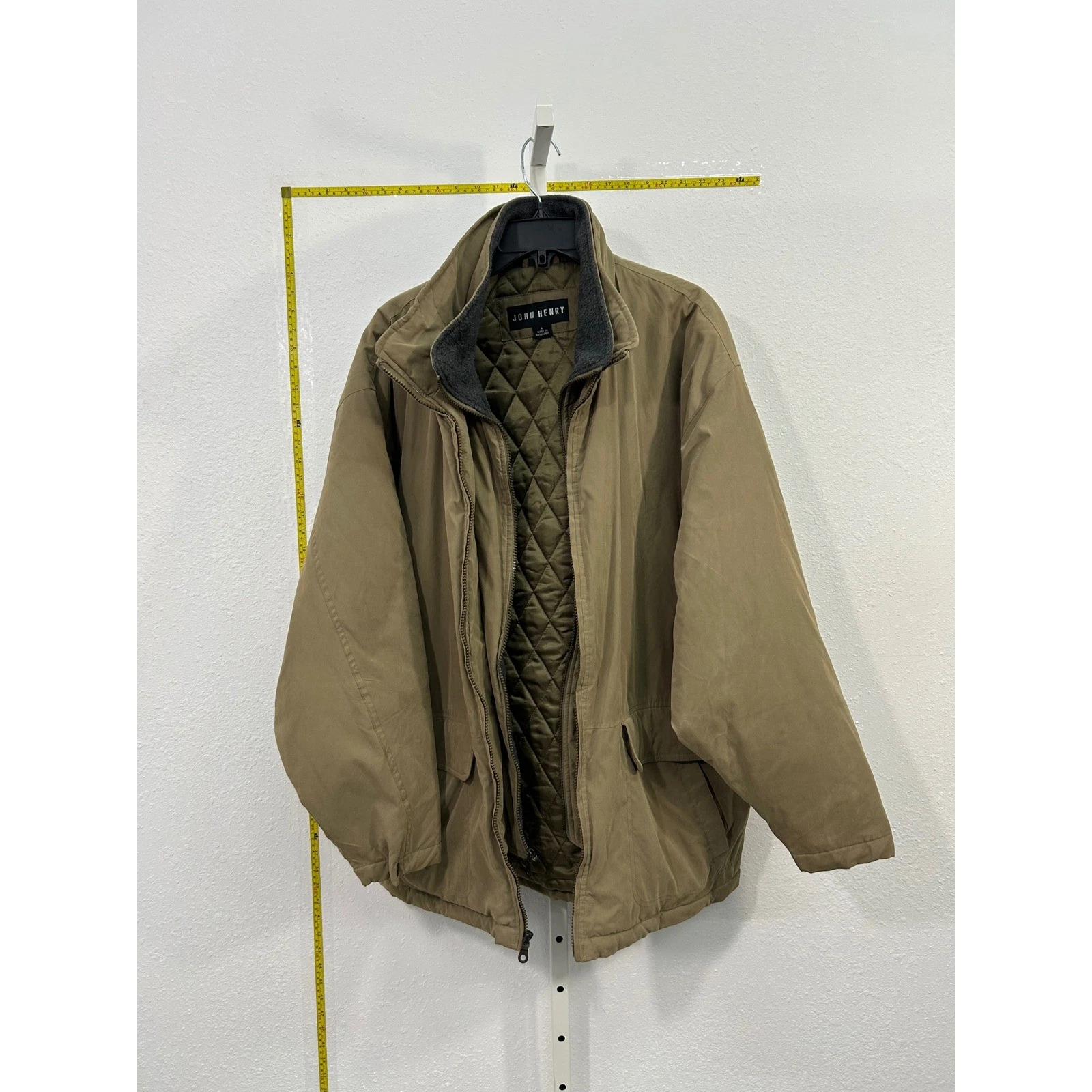 John Henry Mens Tan Quilted Lined Field Jacket Khaki Full Zip Fleece Collar L