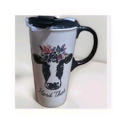 Evergreen 20 oz Cow Floral Travel Tumbler, Black/White Plastic, Handle Lid