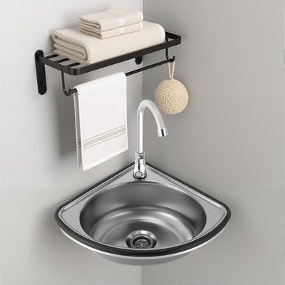 Single Triangle Wash Basin, Corner Sink Small Bar Sink Stainless Steel w/ Faucet