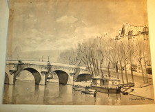 Pierre LEMOINE (1920-2006) DESSIN ENCRE SEINE PONT NEUF PARIS SEINE PENICHE 1946