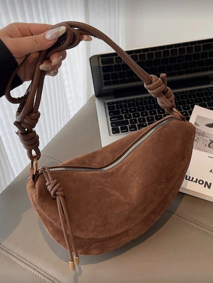 Bolso de Hombro Marrón Gamuza Media Luna Hobo Bandolera Bolso de Mano Otoño Moda De Colección Nuevo Foto 2 de 4