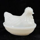 Hazel Atlas Hen On A Nest White Opaline Milk Glass Lidded Butter Dish 1940s VTG