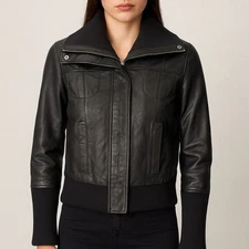 Theory Lanri Stage Black Leather Bomber Jacket Ribbed Sweater Cuffs Size Small