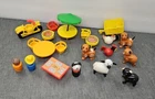 VTG Fisher Price Little People Lot Camping Furniture motorcycle chicken dog pig