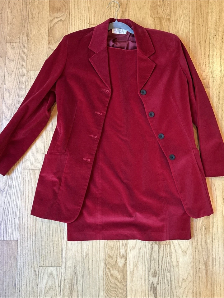 Vintage 90s Velvet Dark Red Dress And Matching Jacket Size 42 /44 Italian (6/8) - Image 2 of 4