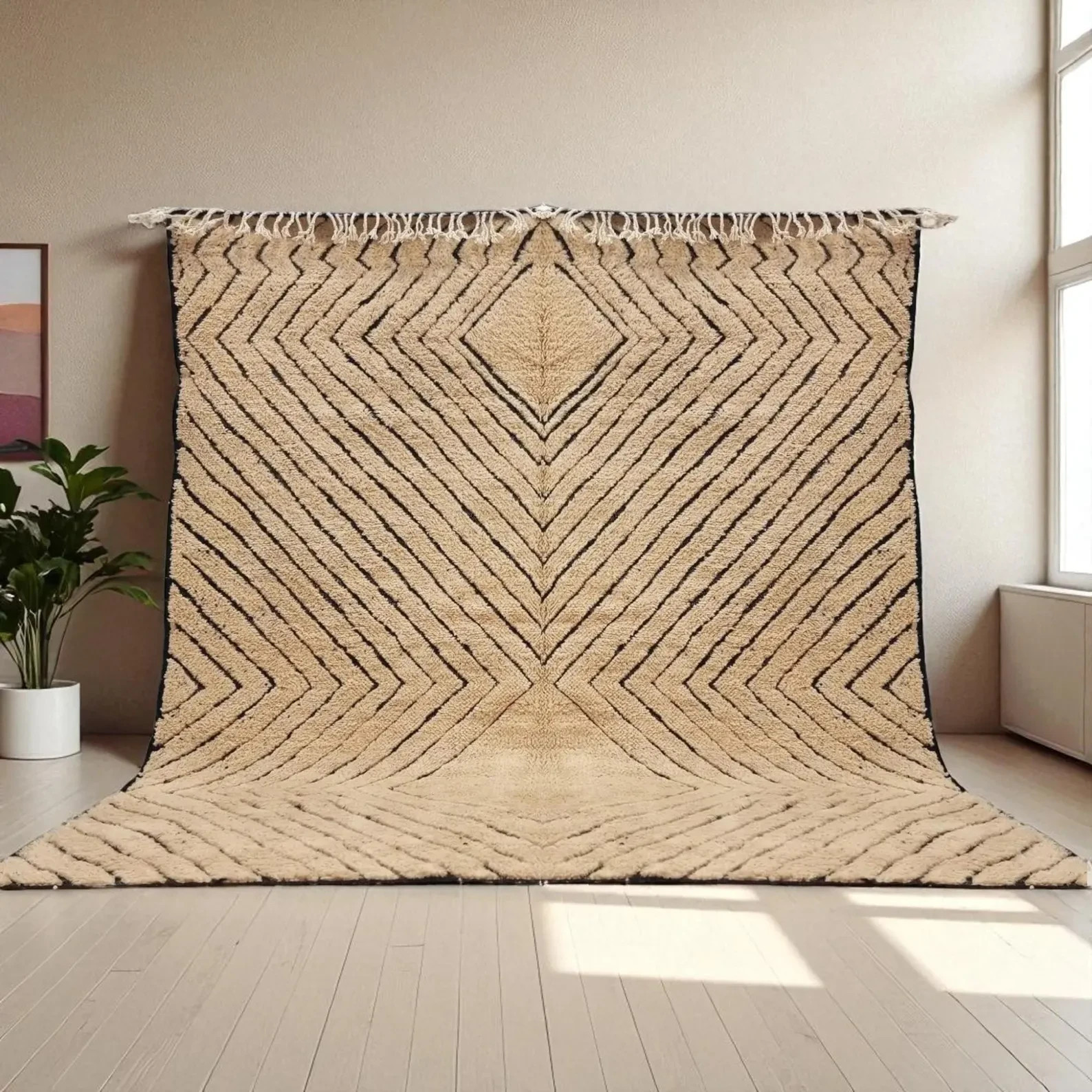 Handwoven Moroccan Berber Wool Rug Color Beige and Black Handmade Carpet Rug