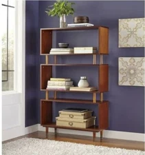 Mid-Century 3-Shelf Walnut Brown Bookshelf Bookcase Storage Easy Assembly Sturdy