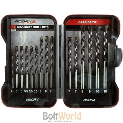 ADDAX 15 PCS MASONRY DRILL BIT SET CARBIDE TIP 4.0, 5.0, 5.5, 6.0, 7.0, 8.0, 10