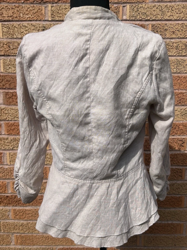 Y2K Beige Linen Blend Military Style Ruffle Blazer 3/4 Sleeves Size Medium - Image 4 of 4