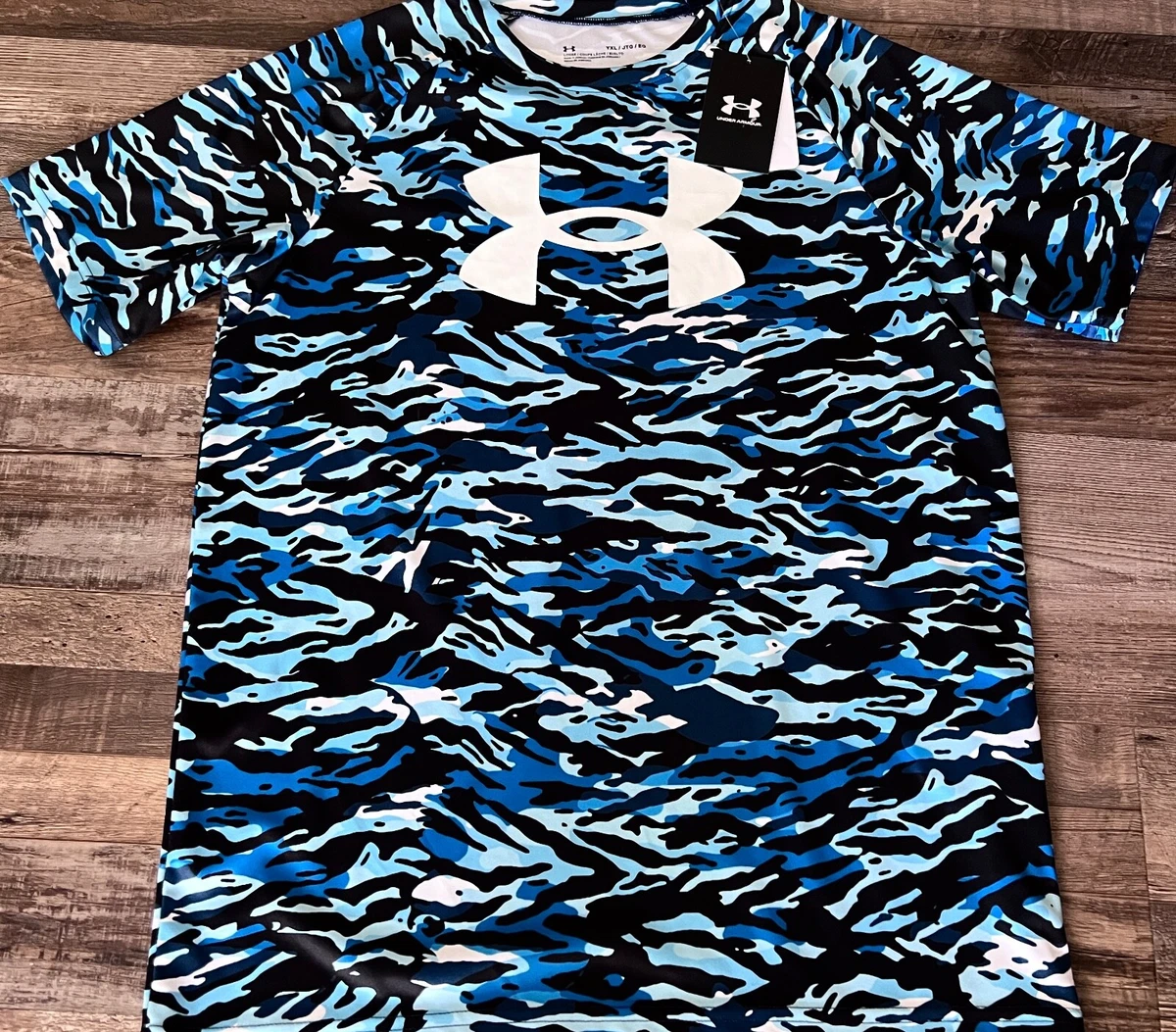 NWT Under Armour YXL Boys Blue Light Blue Black White Big Logo Shirt XL