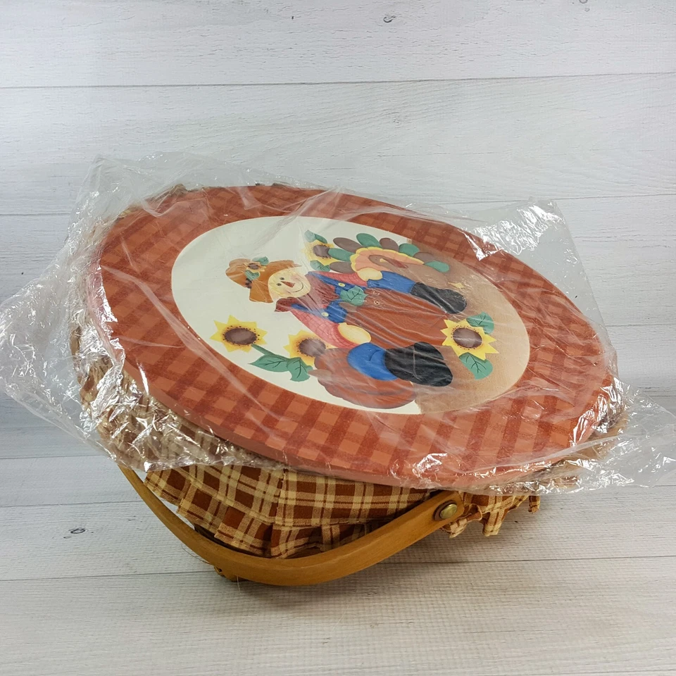 Fall Pumpkin Thanksgiving Harvest 12" Round Wicker Basket Wood Lid & Plain Liner - Image 4 of 4