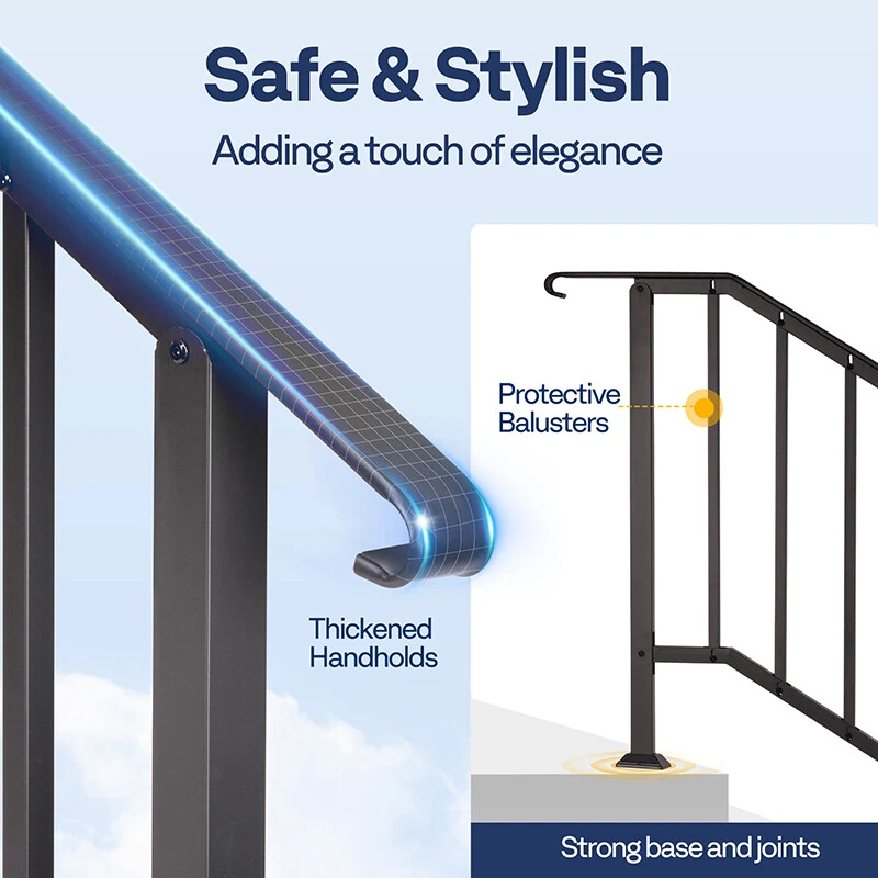 2-Pack 6 Step Hand Rails for Outdoor Steps Wrought Iron Railing for Porch Deck - Image 4 of 4