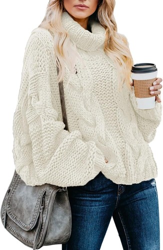 Womens 2024 Winter Fall Solid Turtleneck Balloon Long Sleeve White Sweaters