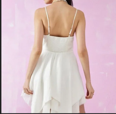 UO White Raw Hem Linen Mini Dress Smocked Asymmetrical Urban Outfitters New  S