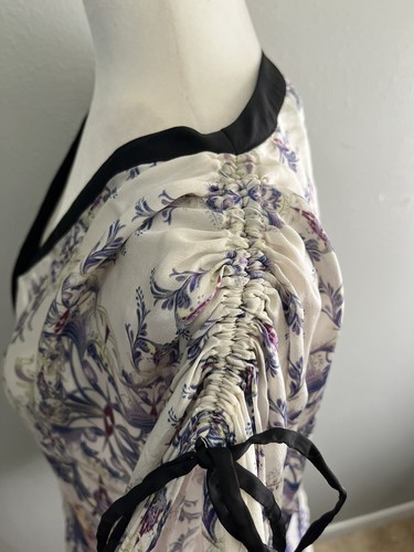 Zara Floral Silk Tunic Blouse Women Small Waist Drawstring Rushed Sleeves - Picture 5 of 13