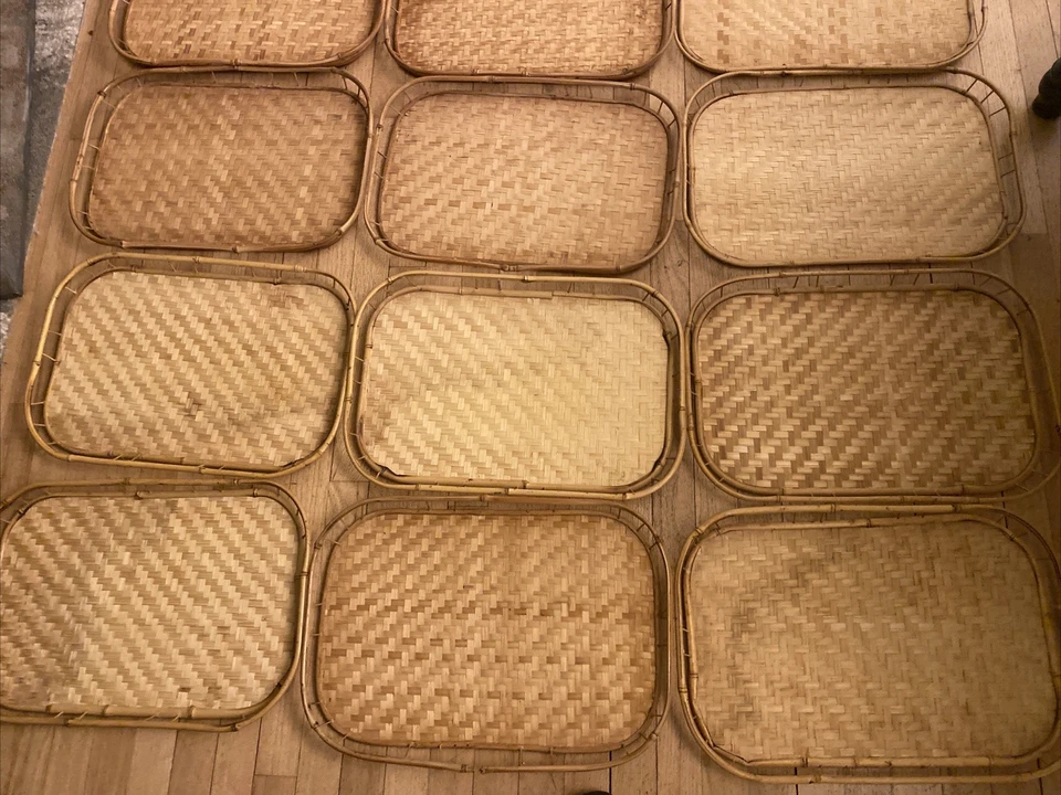 CONJUNTOS de 4 bandejas para servir de mimbre de ratán tejido bambú MCM vintage Tiki Bar 19 x 13 Foto 2 de 4
