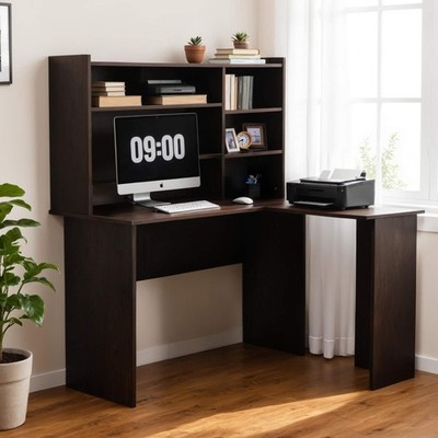 Ivinta L-Shaped Computer Desk with Storage Hutch for Home Office, Dark Brown
