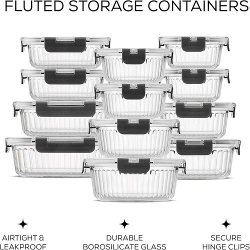 24pc Fluted Glass Storage Containers with Lids. 12 Airtight, Freezer Safe Food - Picture 2 of 8