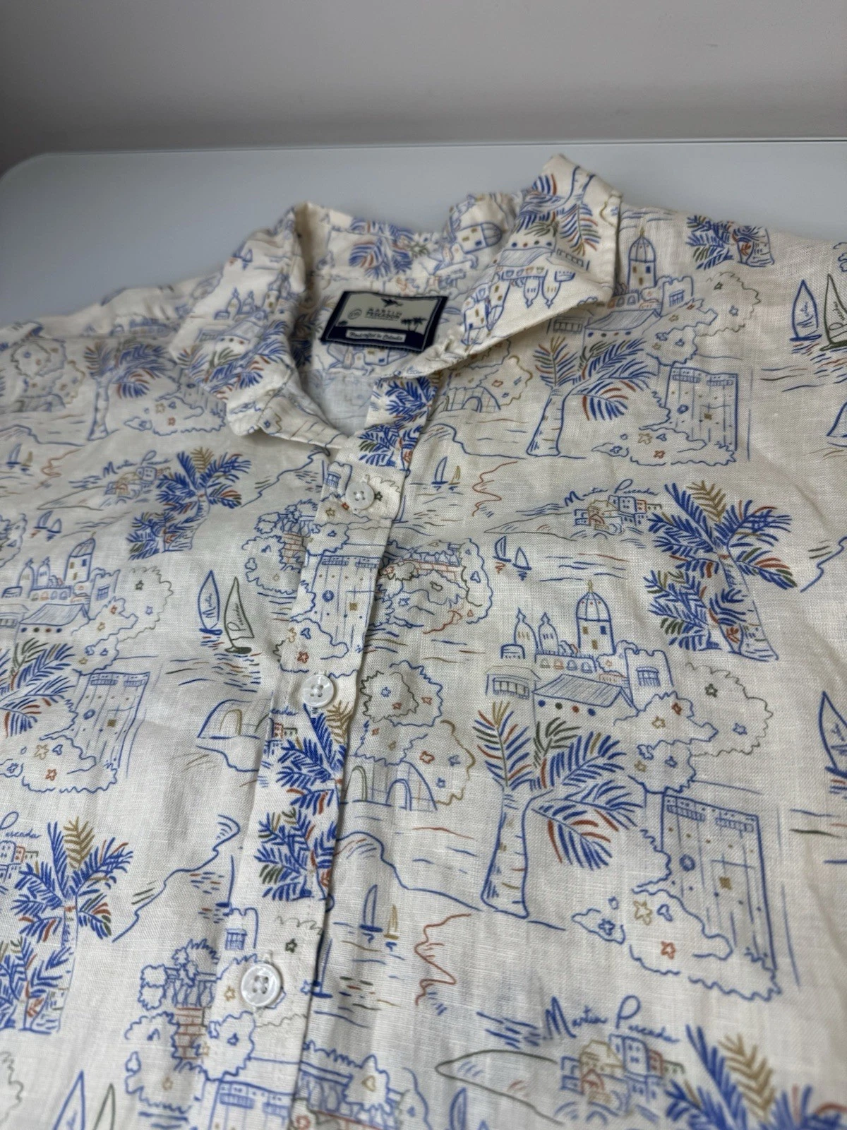 Mens Martin Pescador 100% Linen Button Up Shirt All Over Print Vacation Size XXL
