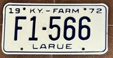 Kentucky 1972 LARUE COUNTY FARM License Plate # F1-566
