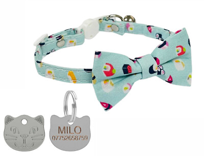 Sushi Katzenhalsband mit Fliege, Sicherheitsschnalle, Glocke & personalisierte Katzengesichtsmarke