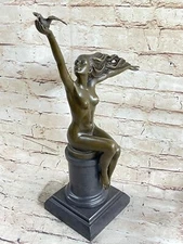 Nude Woman Female Figure Holding Bird Bronze Metal Art Deco Sculpture Statue