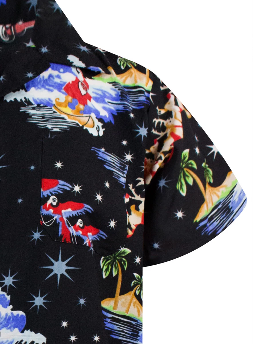 Camisa de Navidad Camisa de Hawai Christmas Surf Santa Negro