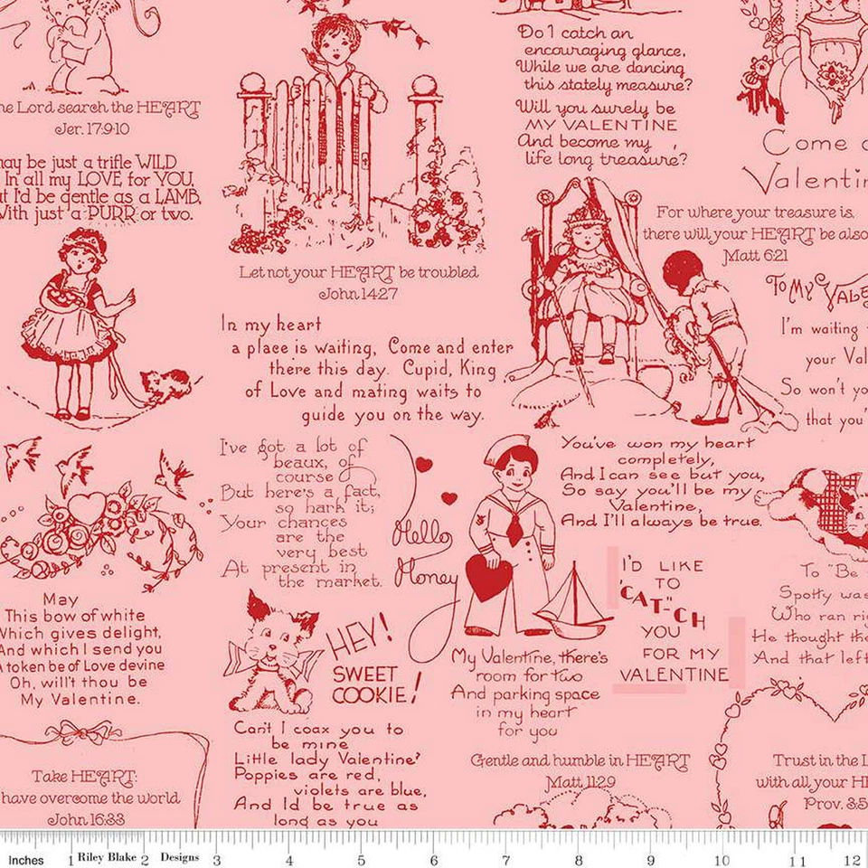 VALENTINES ALL MY HEART VINTAGE RETRO TEXT PINK BY FRISCH RILEY BLAKE FABRIC HY